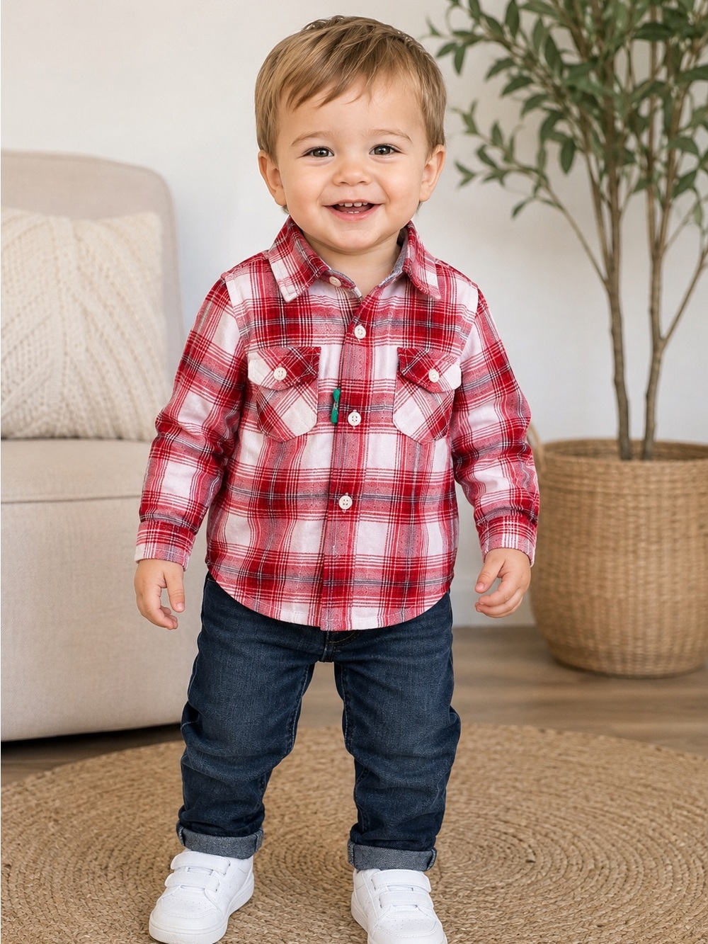 dip Red and White Plaid Button-Down Shirt for Kids
